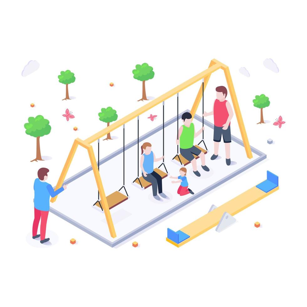 niños swing ilustración isométrica, vector editable