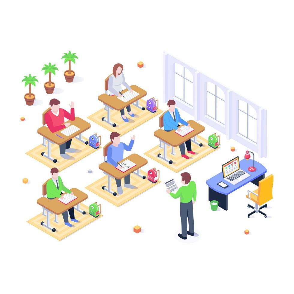 A well-designed isometric illustration of a classroom. vector