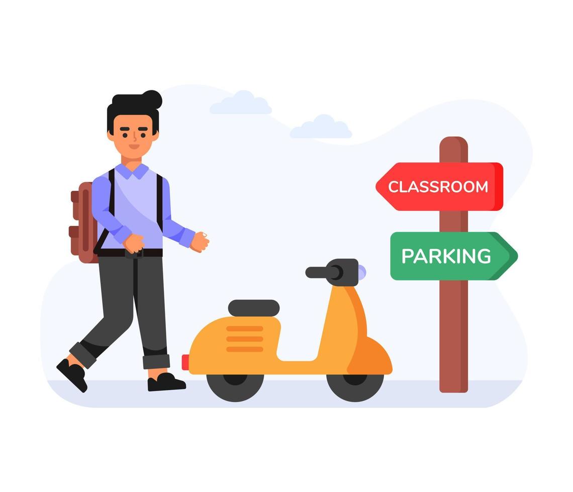 University student with scooter, flat concept icon vector
