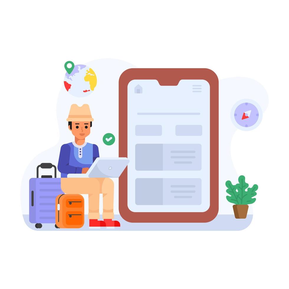 Person booking online flight, flat illustration of travel app vector