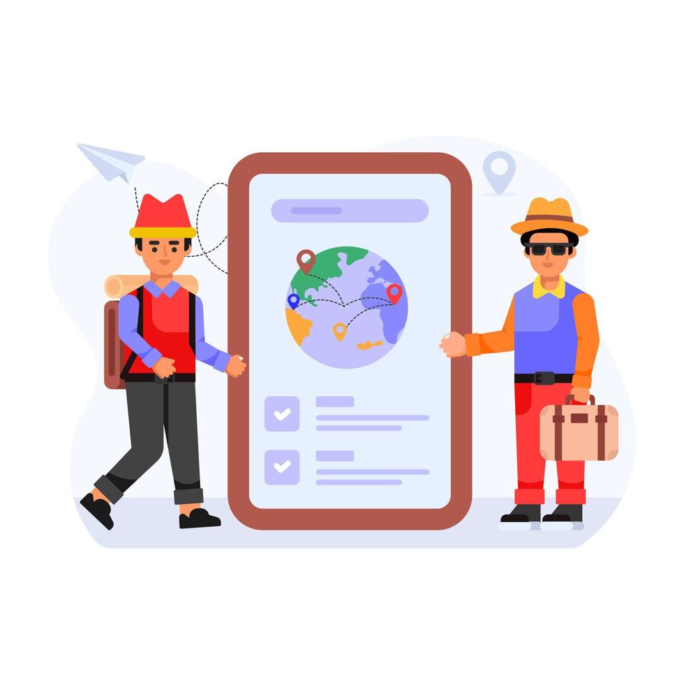 Person booking online flight, flat illustration of travel app vector