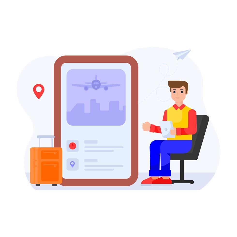 Person booking online flight, flat illustration of travel app vector