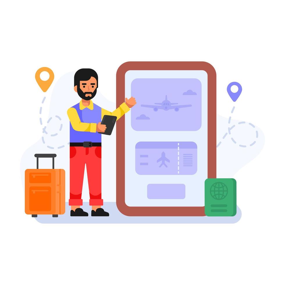 Person booking online flight, flat illustration of travel app vector