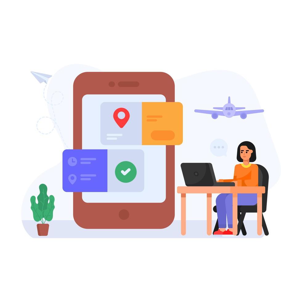 Person booking online flight, flat illustration of travel app vector
