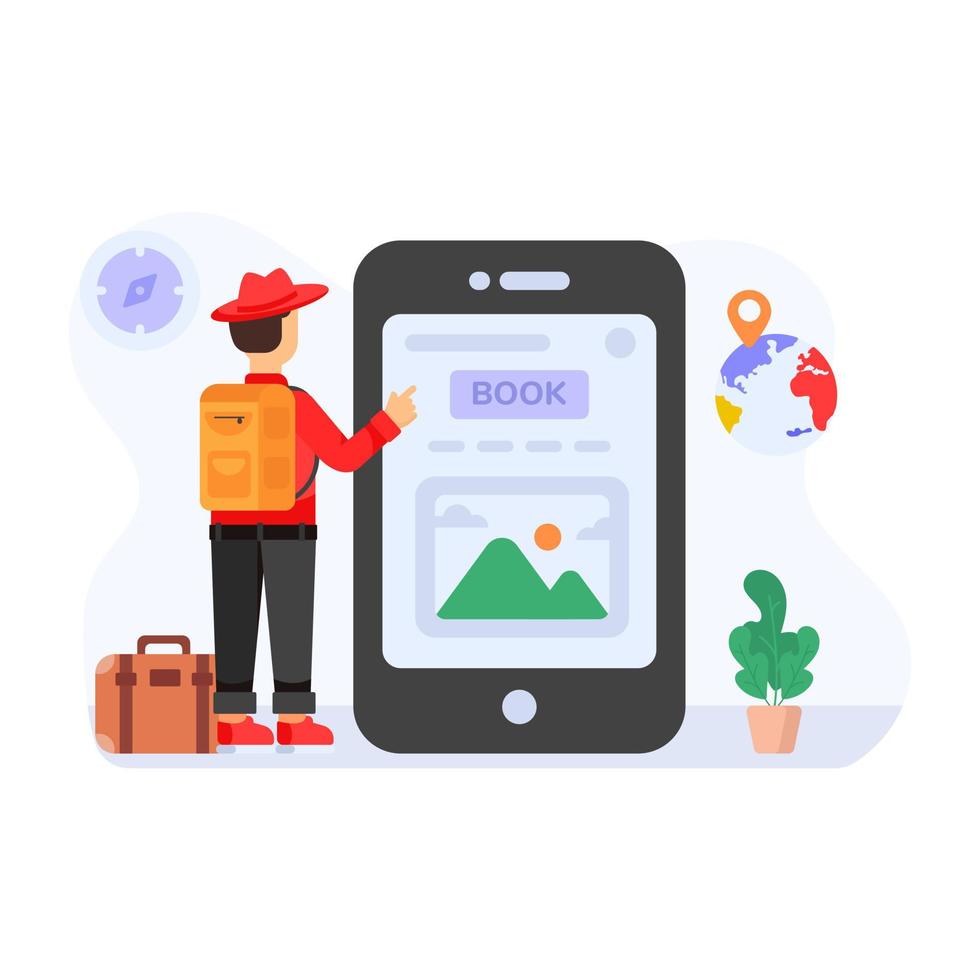 Person booking online flight, flat illustration of travel app vector