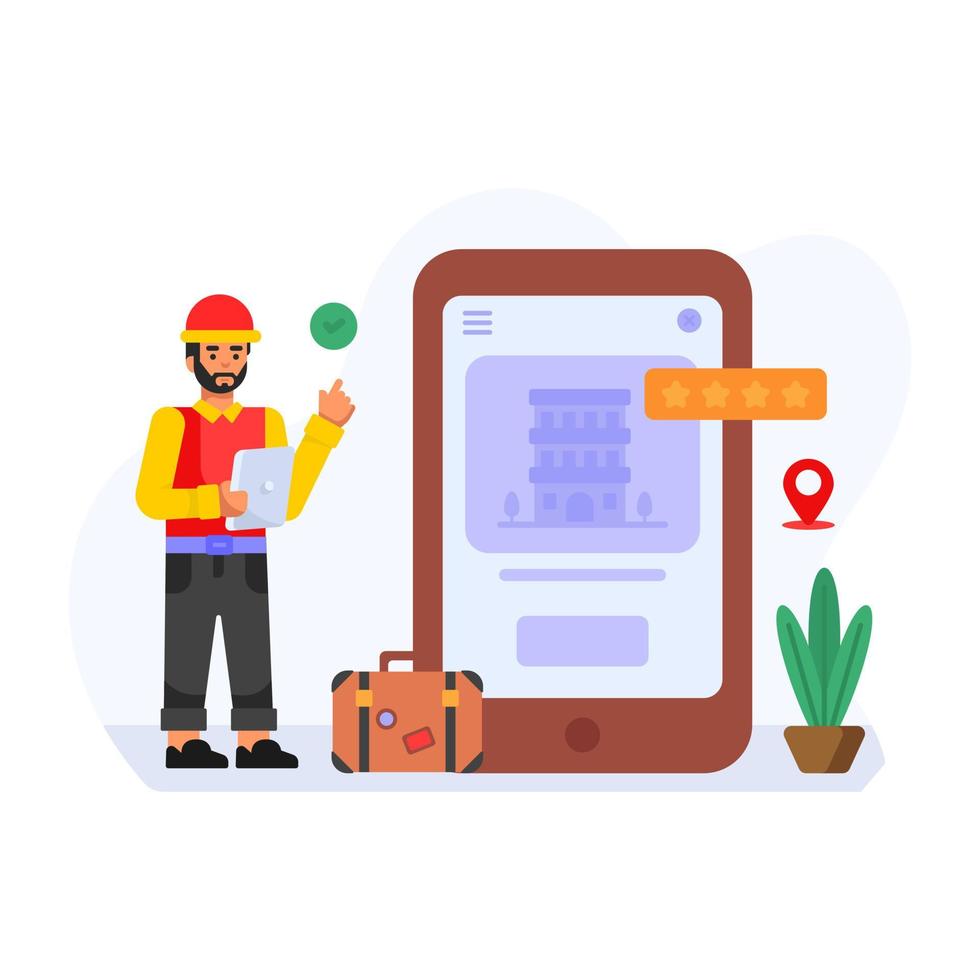 Person booking online flight, flat illustration of travel app vector