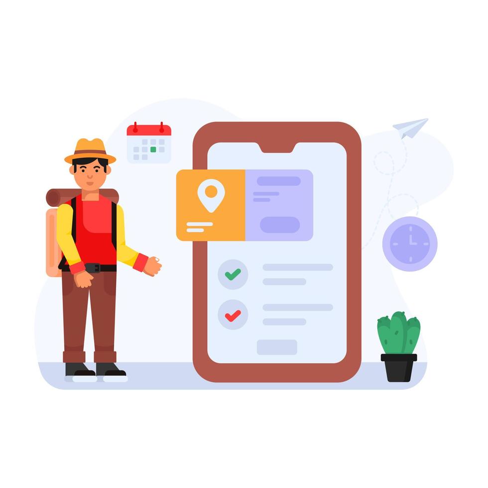 Person booking online flight, flat illustration of travel app vector