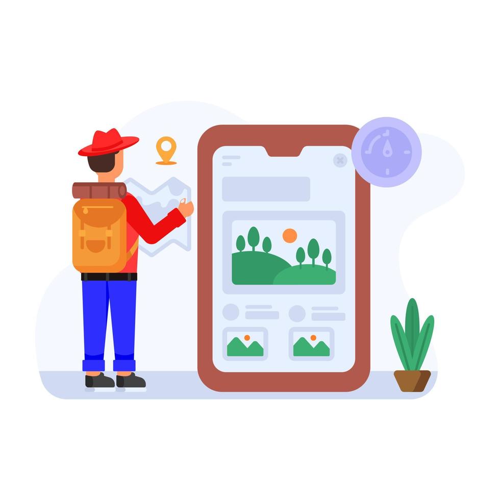 Person booking online flight, flat illustration of travel app vector