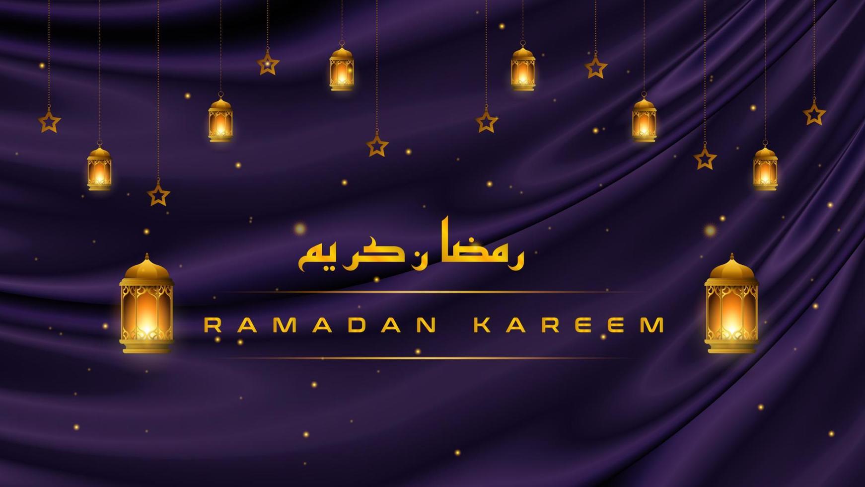 ramadan kareem saludo fondo islámico con linterna dorada sobre fondo púrpura de lujo. plantilla de ilustración de vector de ramadán kareem