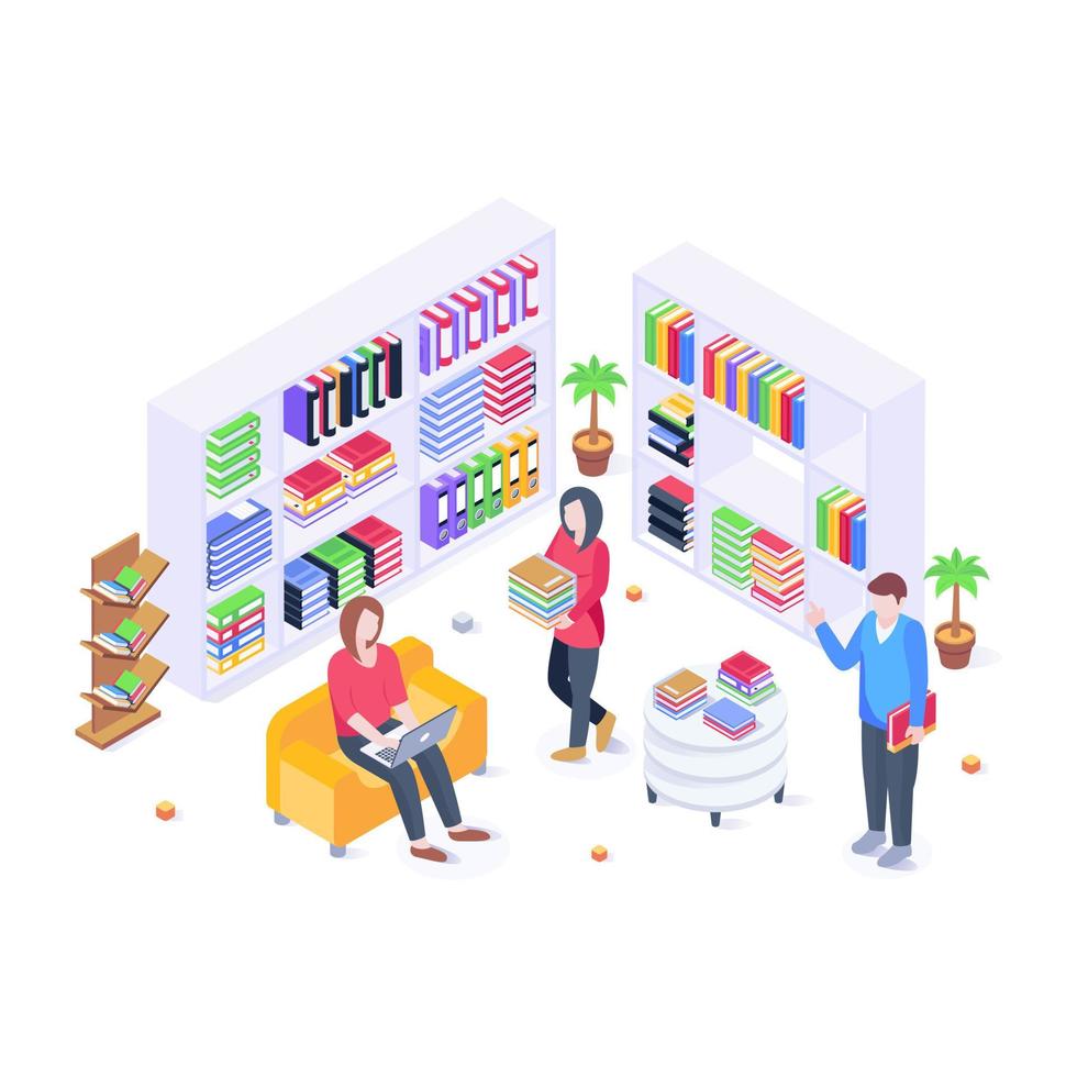 A trendy isometric illustration of the library vector