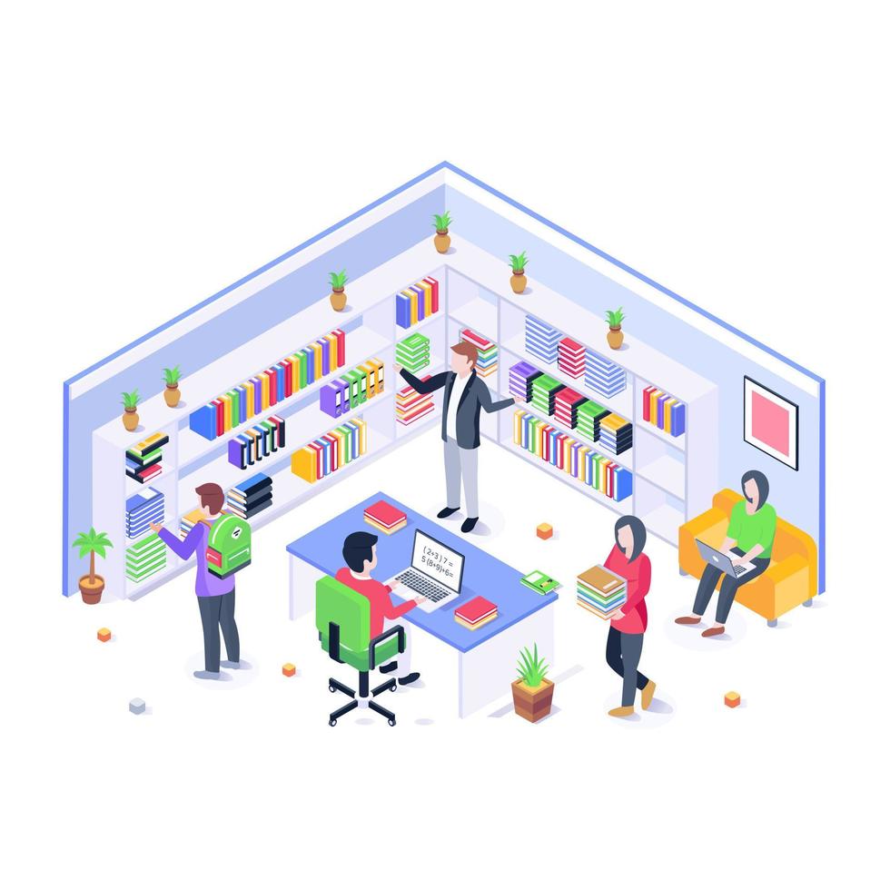 A trendy isometric illustration of the library vector