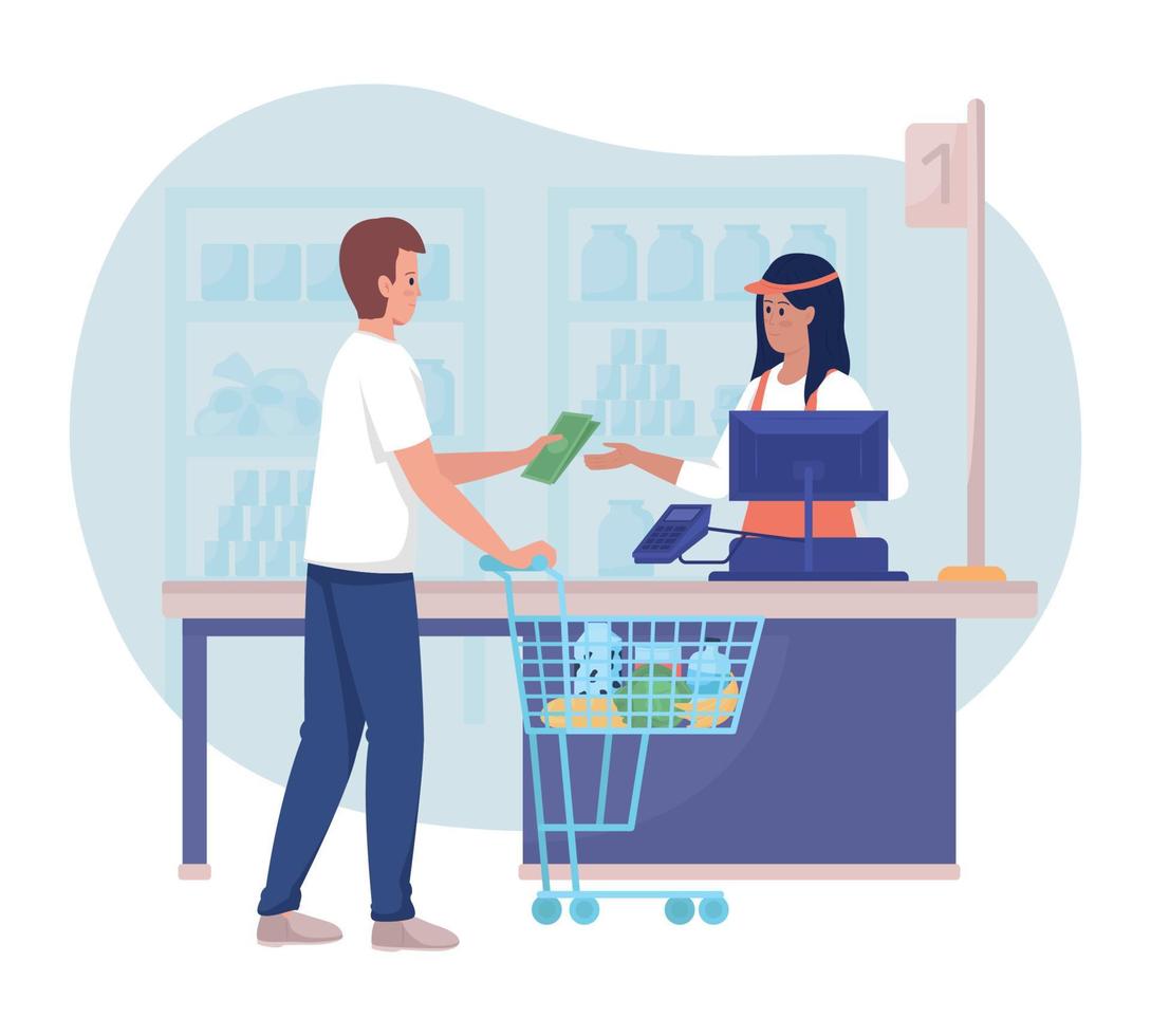 Paying for food in shop 2D vector isolated illustration
