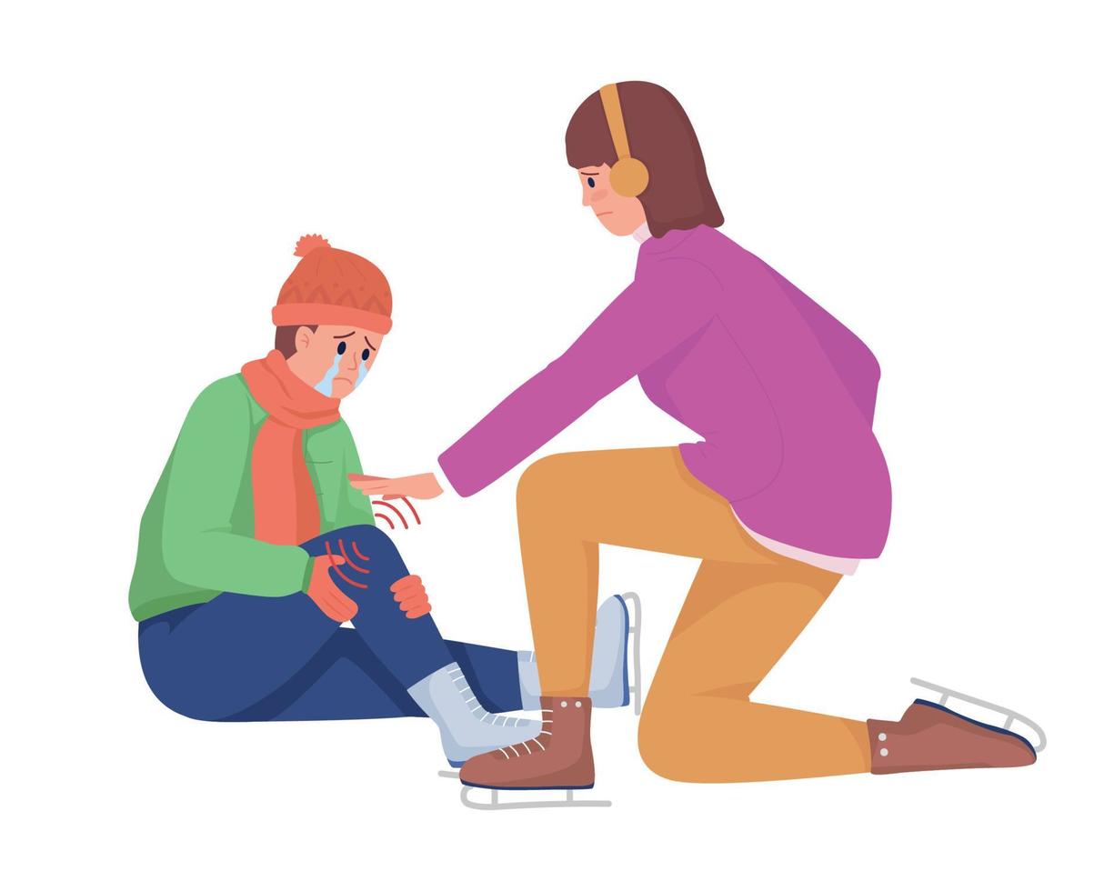 Woman help child with injury semi flat color vector characters