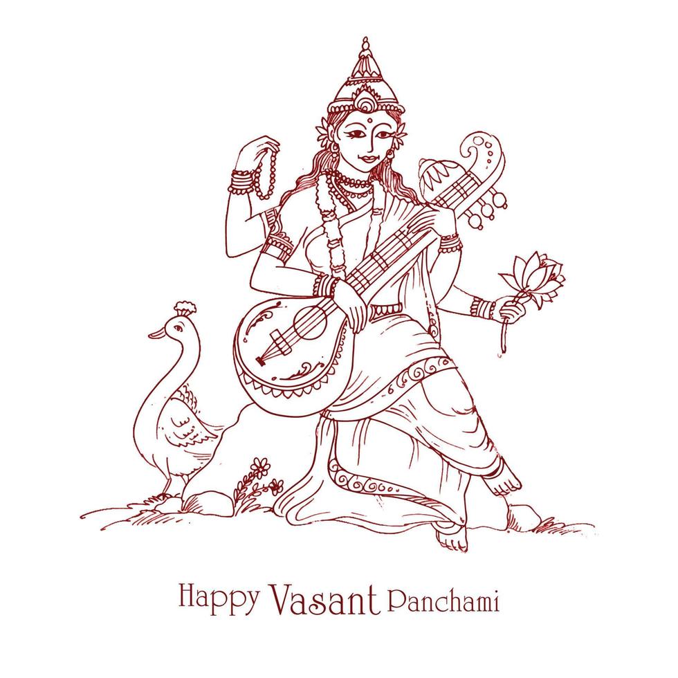 Hand draw indian god saraswati maa on vasant panchami card design vector