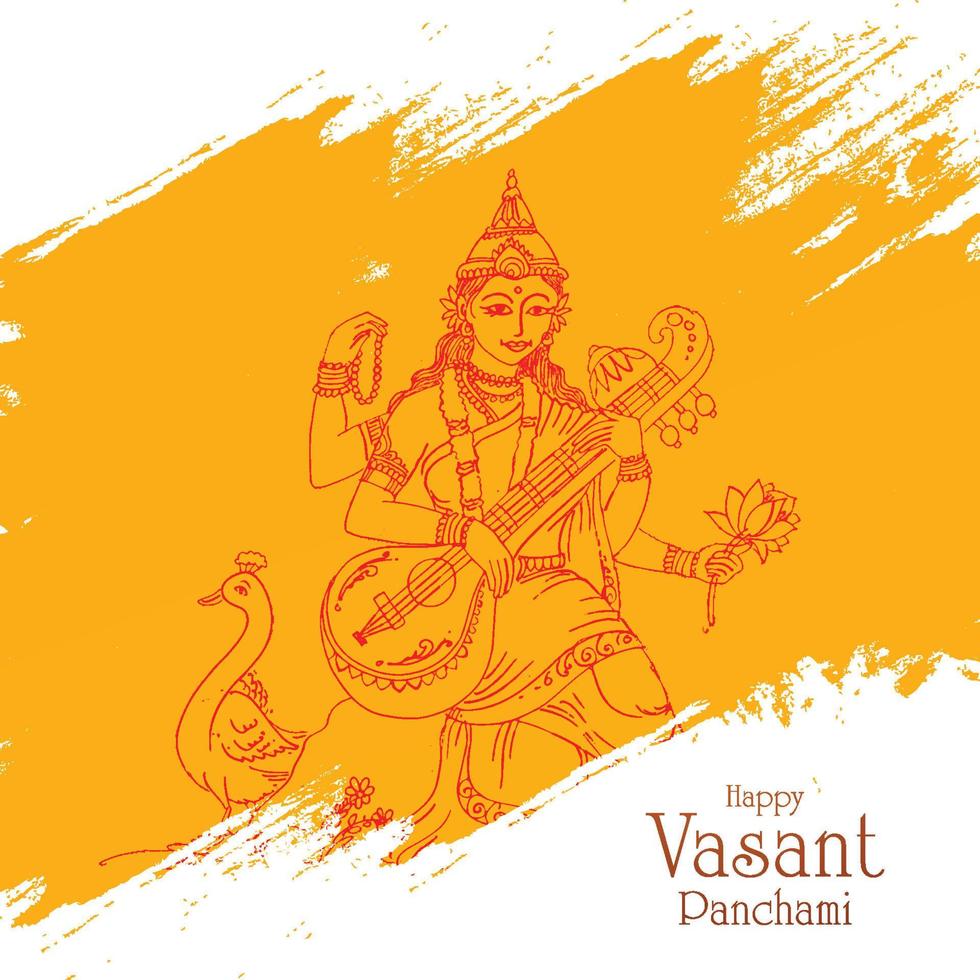 dibujar a mano al dios indio saraswati maa en el diseño de la tarjeta vasant panchami vector