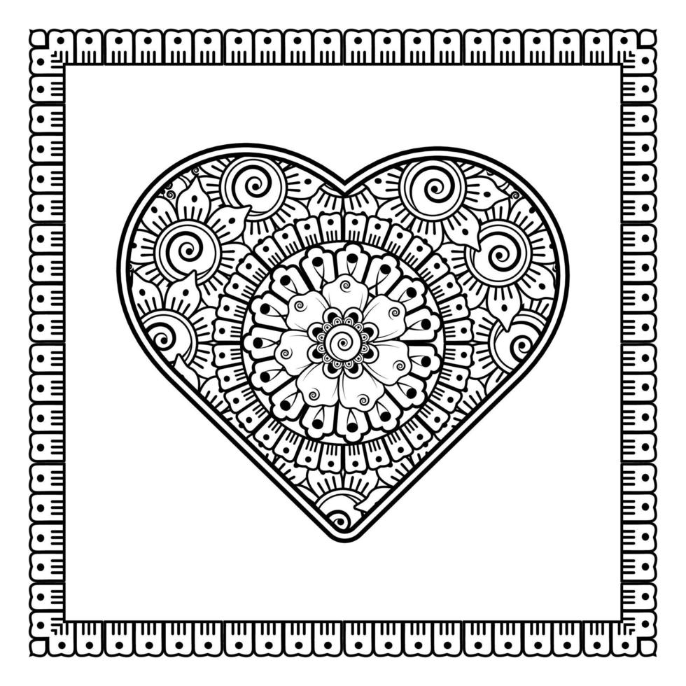 flor mehndi con marco en forma de corazón. decoración en adornos étnicos orientales, doodle. vector