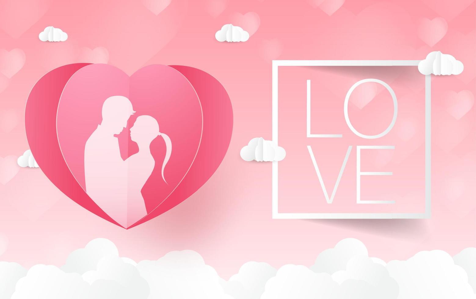 Love and Valentine day, Lovers stand and a paper art heart shape balloon floating in the sky. craft style. vector