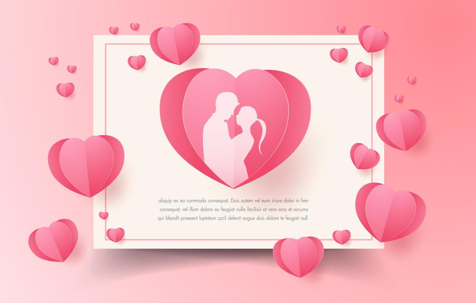 Love and Valentine day, Lovers stand and a paper art heart shape balloon floating in the sky. craft style. vector