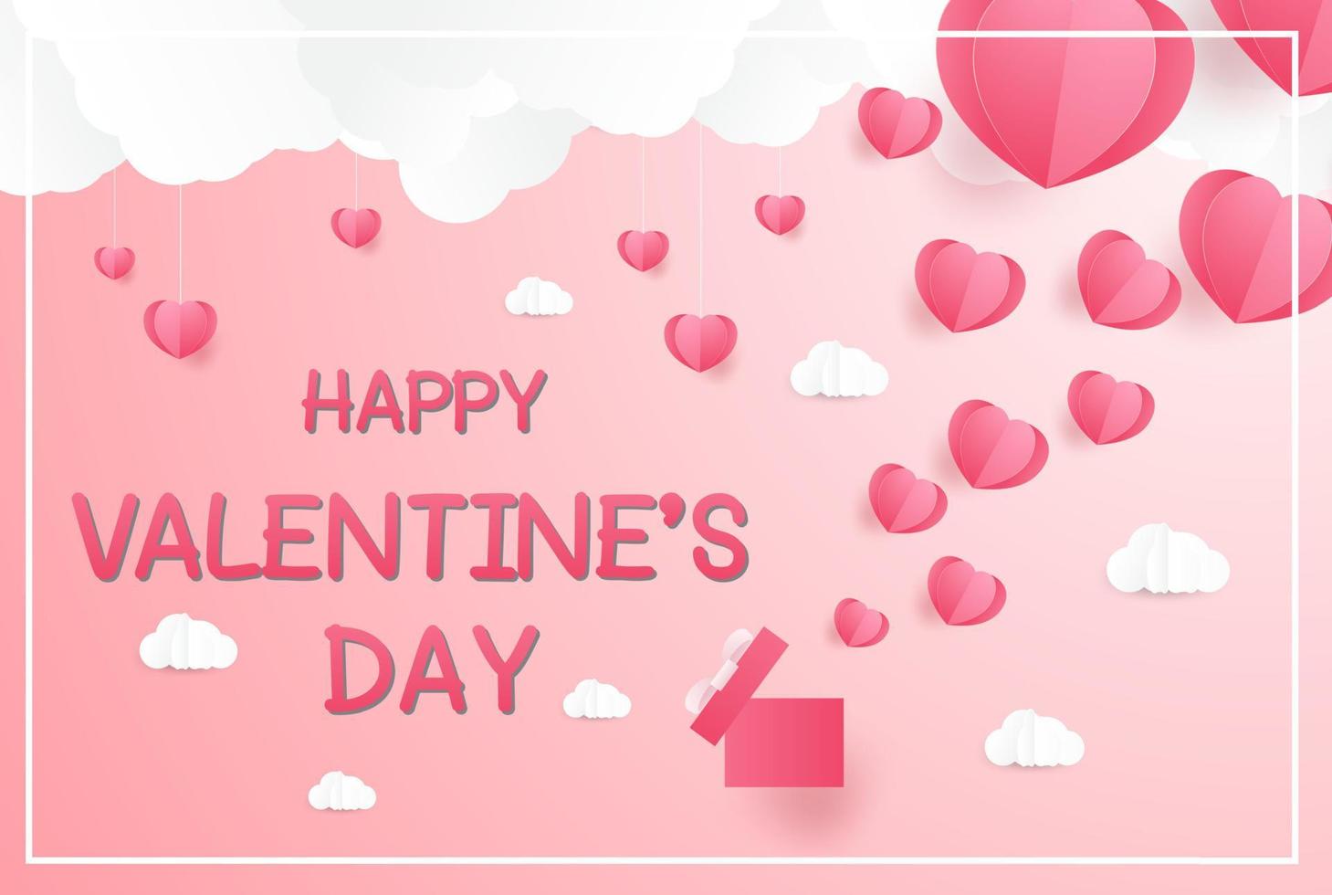 Love and Valentine day, Lovers stand and a paper art heart shape balloon floating in the sky. craft style. vector