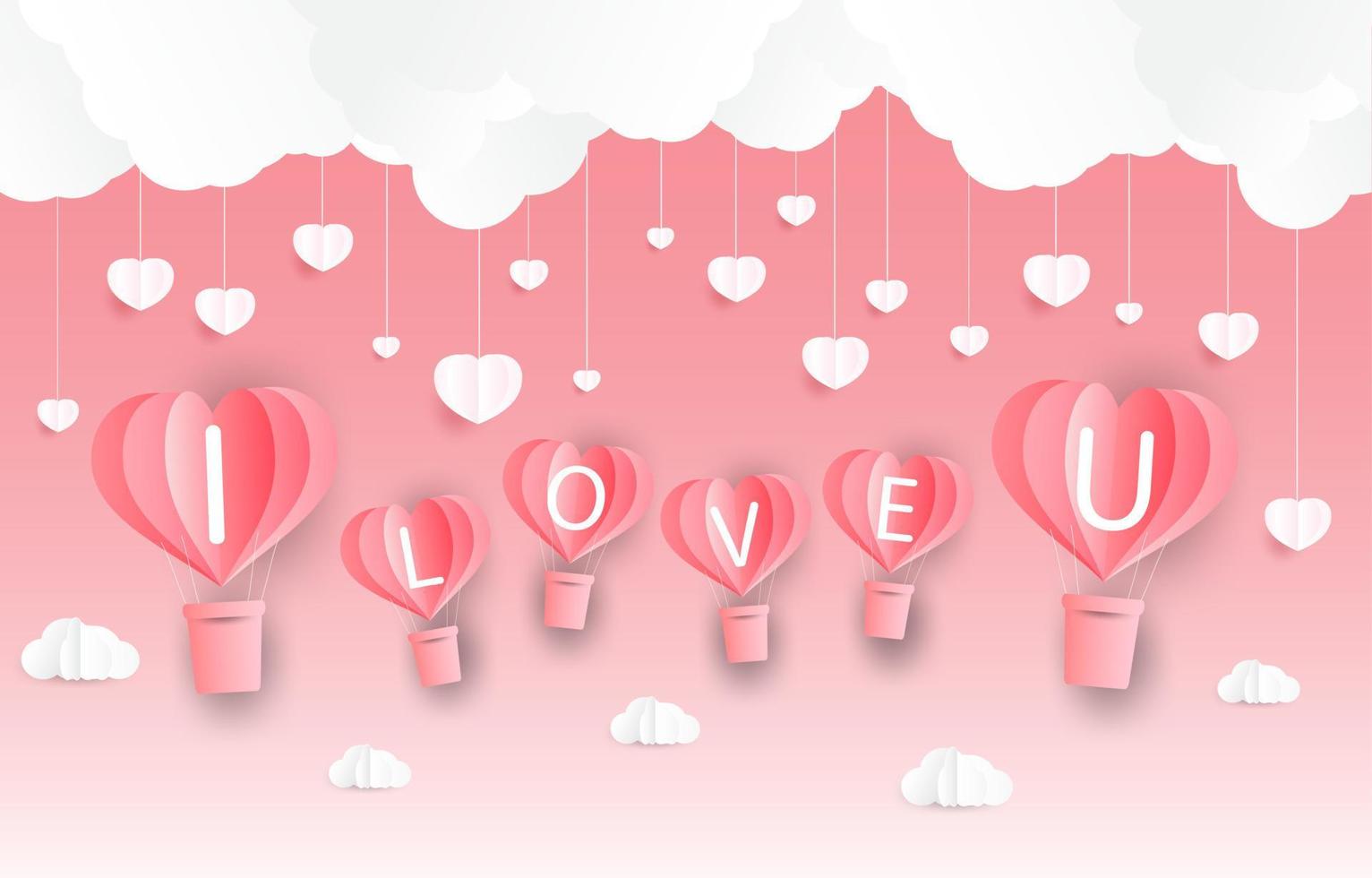 amor y día de san valentín, los amantes se paran y un globo con forma de corazón de arte de papel flotando en el cielo. estilo artesanal. vector