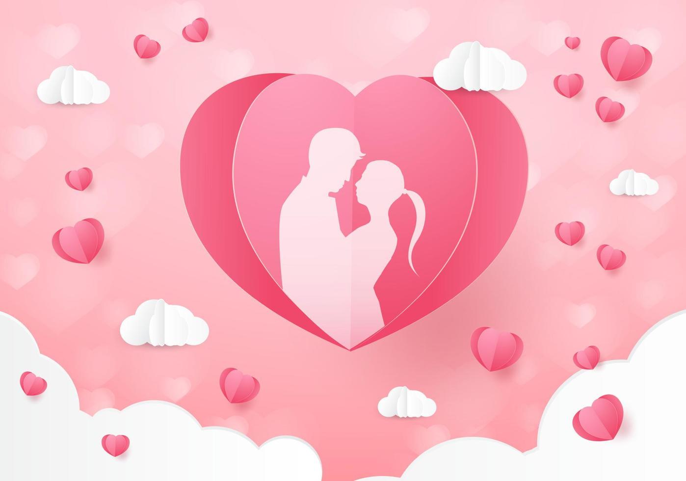 Love and Valentine day, Lovers stand and a paper art heart shape balloon floating in the sky. craft style. vector