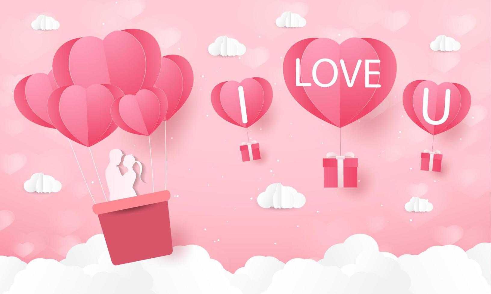 amor y día de san valentín, los amantes se paran y un globo con forma de corazón de arte de papel flotando en el cielo. estilo artesanal. vector