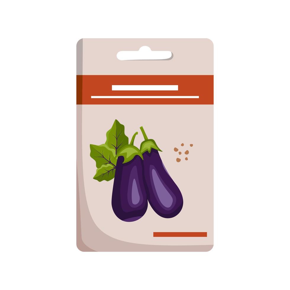 Pack with purple eggplant seeds for planting healthy vegetables in garden and harvesting. Delicious food for cooking. Vector flat illustration
