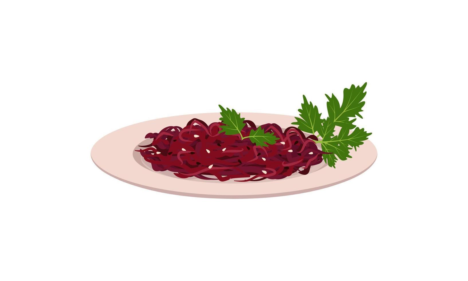 Grated beetroot salad with sesame seeds and parsley leaves on plate. Delicious and healthy food with vitamins. Vector flat illustration