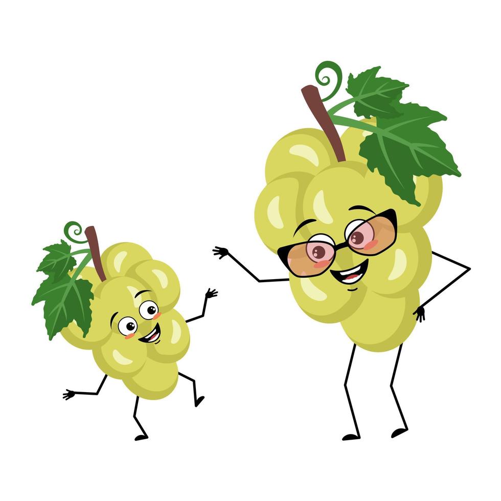 Grape character with happy emotion, joyful face, smile eyes, arms and legs. Person with expression, berry or fruit emoticon. Grandmother with glasses and grandson dancing. Vector flat illustration