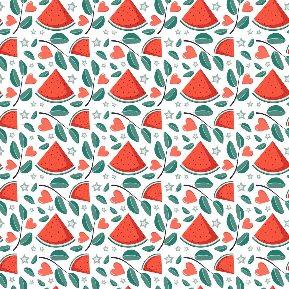 Cute seamless pattern with watermelon, hearts, star and leaves. Festive bright print, valentine day or summer decoration for wrapping paper, textile and design. Vector flat illustration