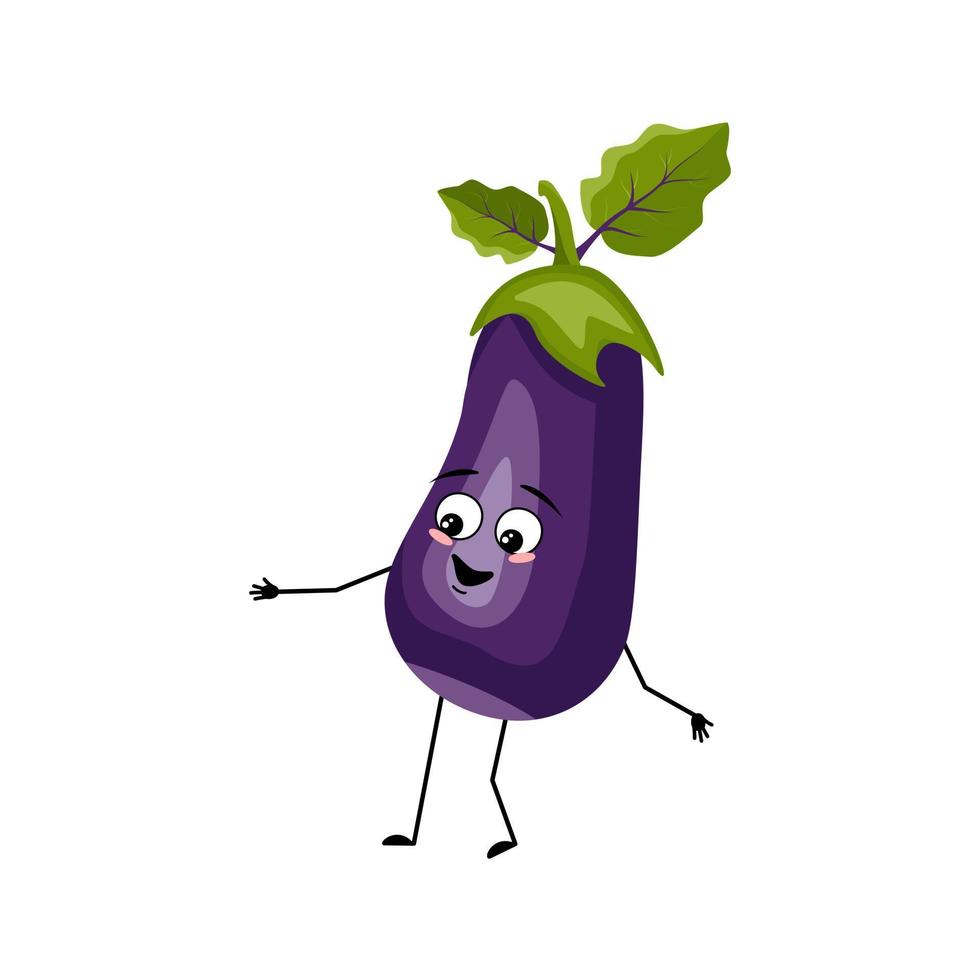 Eggplant character with happy emotion, joyful face, smile eyes, arms and legs. Person with expression, vegetable emoticon. Vector flat illustration