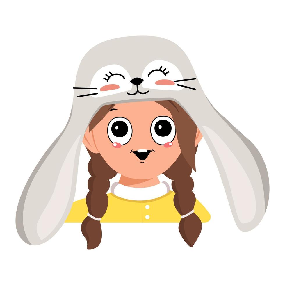 Avatar of girl with big eyes and wide happy smile in cute rabbit hat with long ears. Head of child with joyful face for holiday Easter, New Year or carnival costume for party. Vector flat illustration
