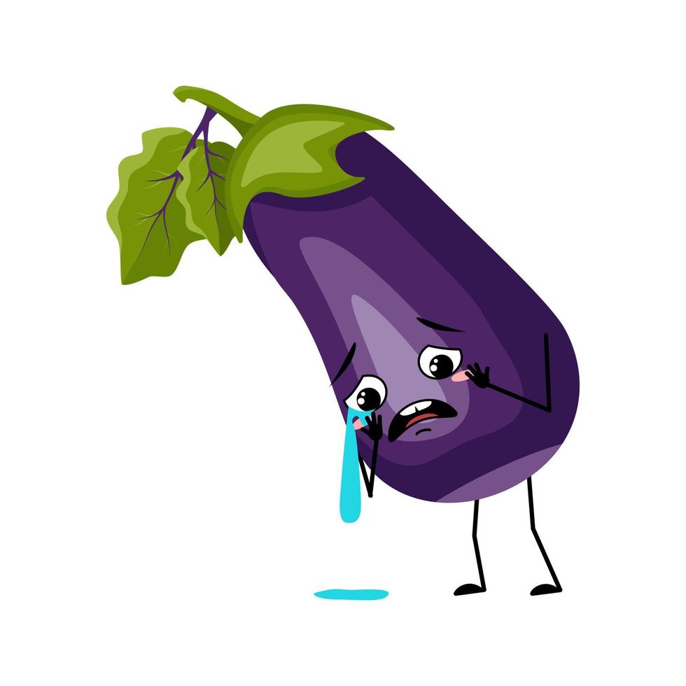 Eggplant character with crying and tears emotion, sad face, depressive eyes. Person with melancholy expression, vegetable emoticon. Vector flat illustration