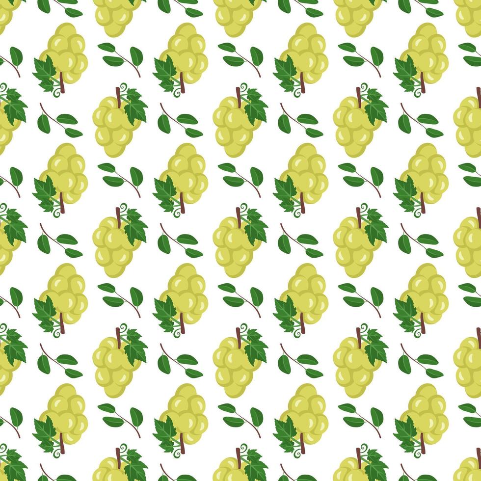 Seamless pattern with white grapes on branches with berries and leaves. Sweet healthy food print, wholesome delicious dessert background. Vector flat illustration