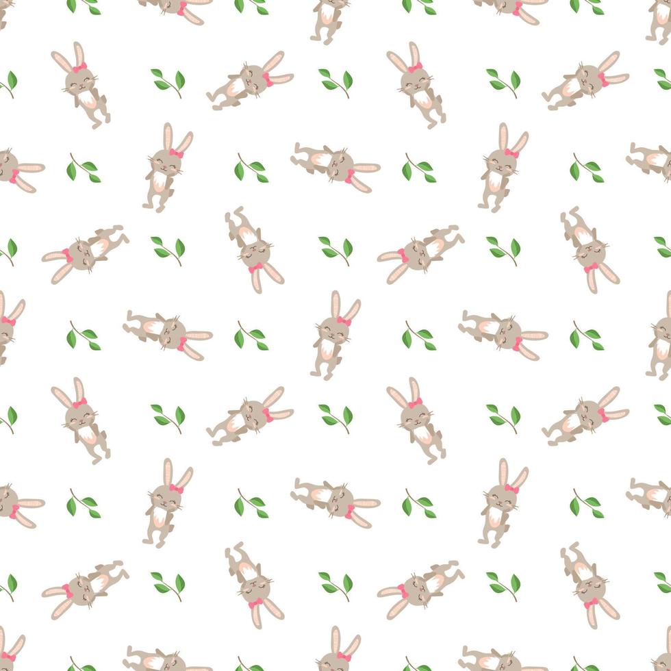 Happy Easter seamless pattern. Festive decoration print with rabbit and green twig and leaves on white background. Elements for wrapping paper, textiles and decor. Vector flat illustration