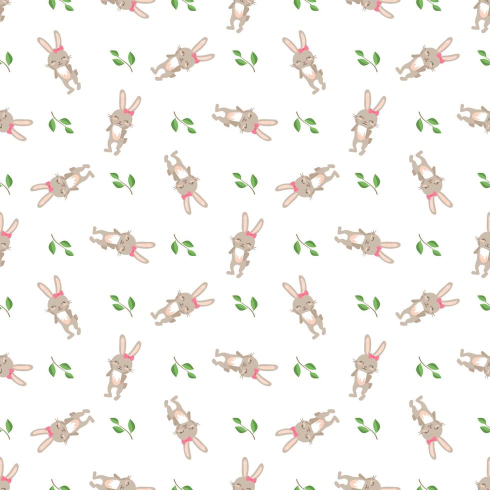 Happy Easter seamless pattern. Festive decoration print with rabbit and green twig and leaves on white background. Elements for wrapping paper, textiles and decor. Vector flat illustration