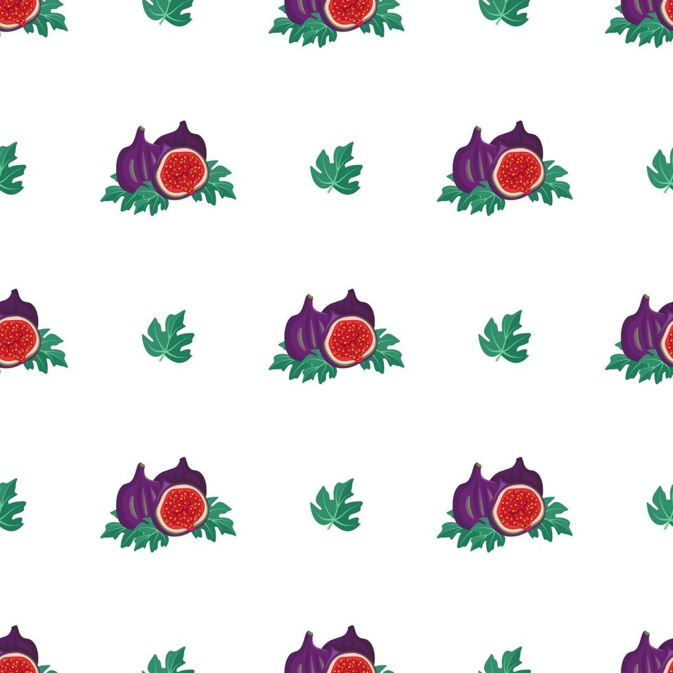 Seamless pattern with fresh sweet tasty fig fruits and leaves. Print of whole and cut fruits. Bright exotic plant. Food vector flat illustration