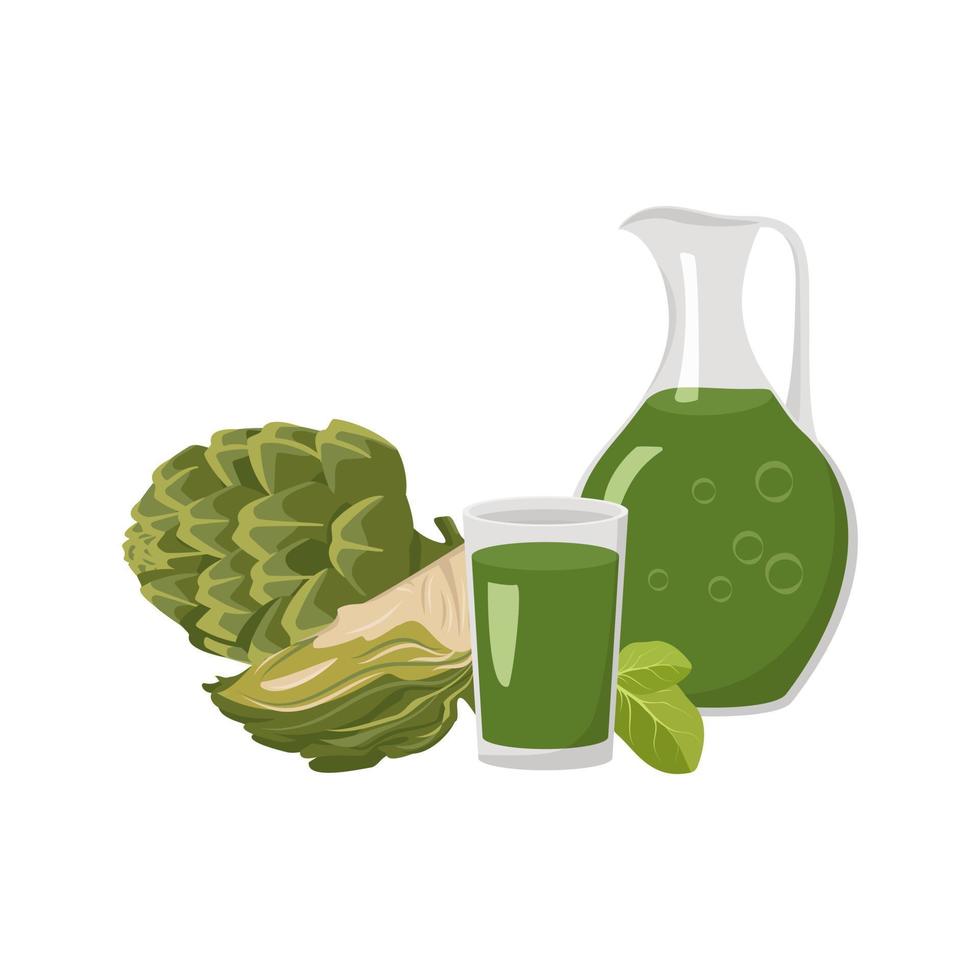 Glass and jug with green wholesome drink from artichoke and herbs for weight loss and health. Cocktail of vegetables and fruits with vitamins. Vector flat illustration