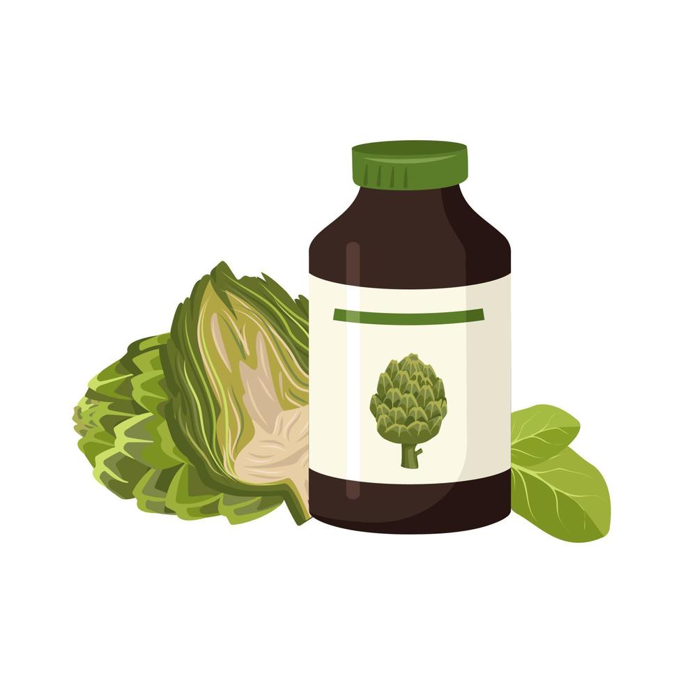 Bottle with drink from green artichoke. Medicinal liquid, preparation. Whole and halves of vegetables on background. Delicious and healthy food, additive for cleansing body. Vector flat illustration