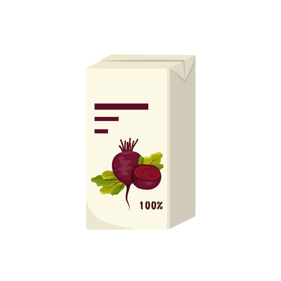 Square pack of juice from red beetroot with leaves. Sweet healthy drink, tasty liquid. Vector flat illustration