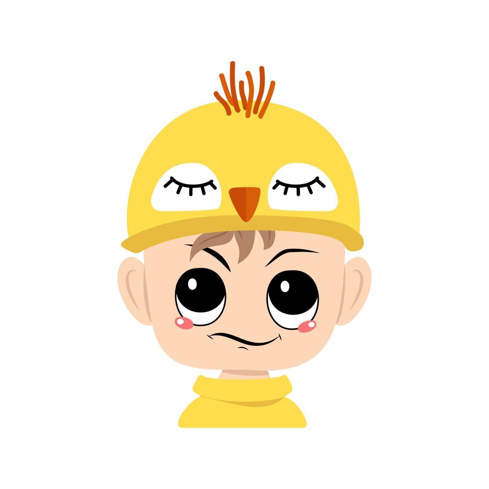 Boy with big eyes and emotions of suspicious, displeased face in cute yellow chicken hat. Head of child with annoyed face for holiday Easter, New Year or costume for party. Vector flat illustration