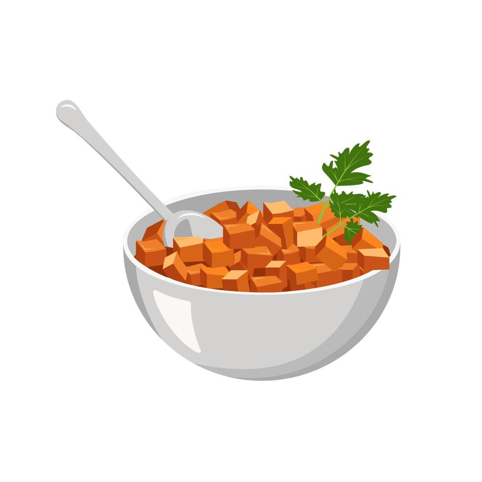 Carrot or pumpkin salad diced with parsley leaves in bowl and with spoon. Cooking delicious healthy food. Vector flat illustration