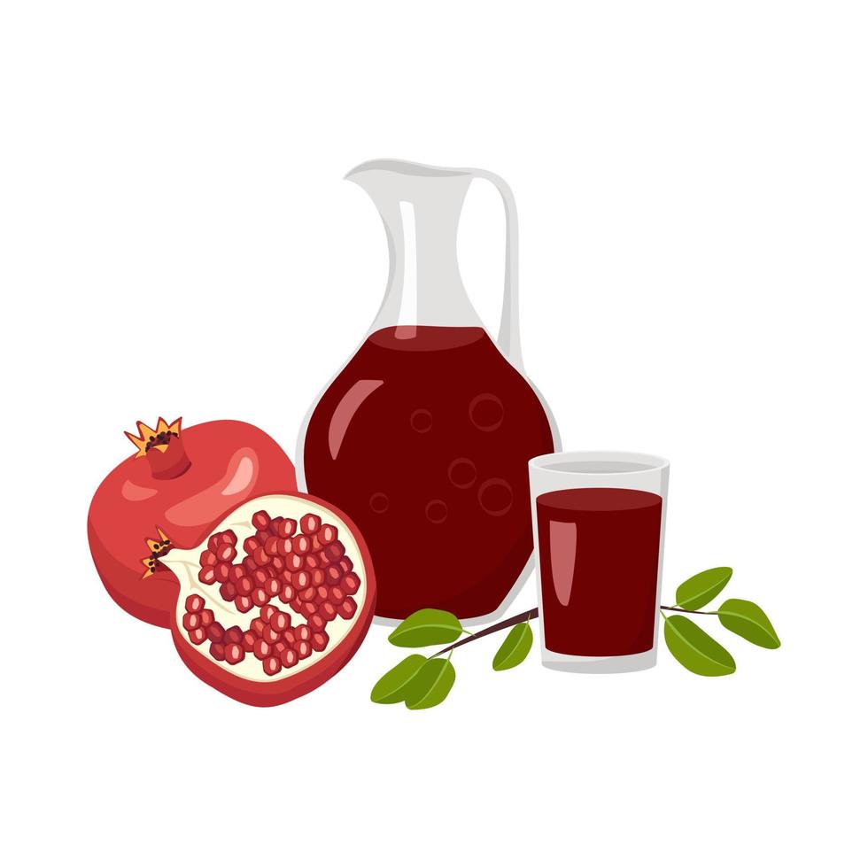 Jug and glass with red pomegranate juice, whole fruit with leaves and halves with grains. Delicious healthy drink and product. Vector flat food illustration