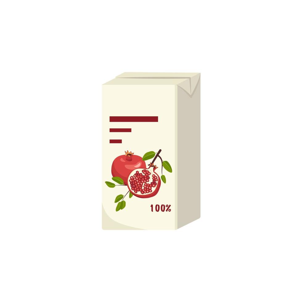 Rectangular pack of pomegranate juice, whole fruit with leaves. Delicious healthy drink and product. Food vector flat illustration