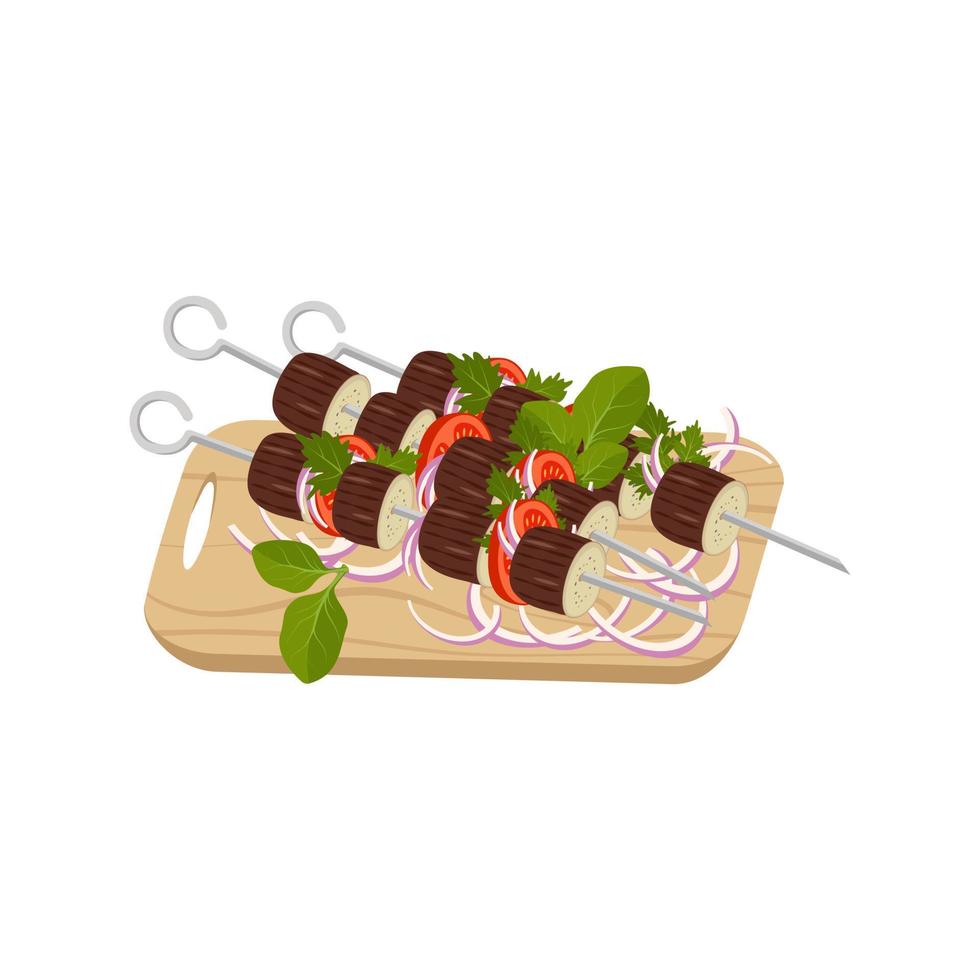 brochetas de berenjena, tomate y cebolla con hierbas sobre tabla de madera. deliciosa comida a la parrilla, vegetales saludables para picnic o cena. ilustración plana vectorial vector
