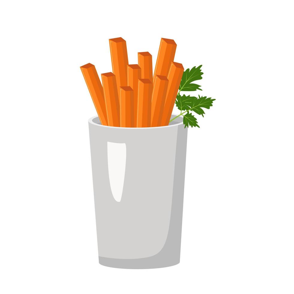 Carrots, cut into cubes, in glass and parsley leaf. Healthy food, delicious vegetables. Source of vitamin A, sweet snack. Ingredient for lunch or dinner. Vector flat illustration