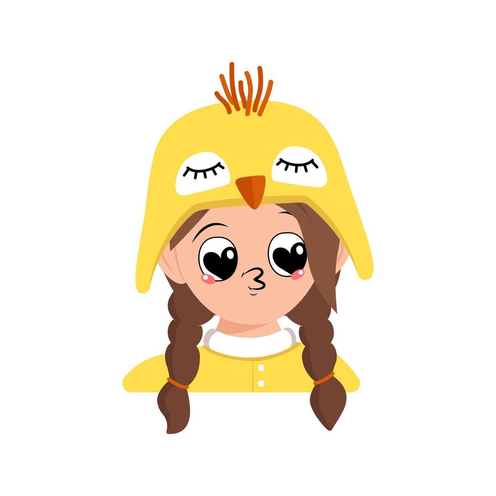 Avatar of girl with big heart eyes and kiss lips in cute yellow chicken hat. Head of child with joyful face for holiday Easter, New Year or costume for party. Vector flat illustration