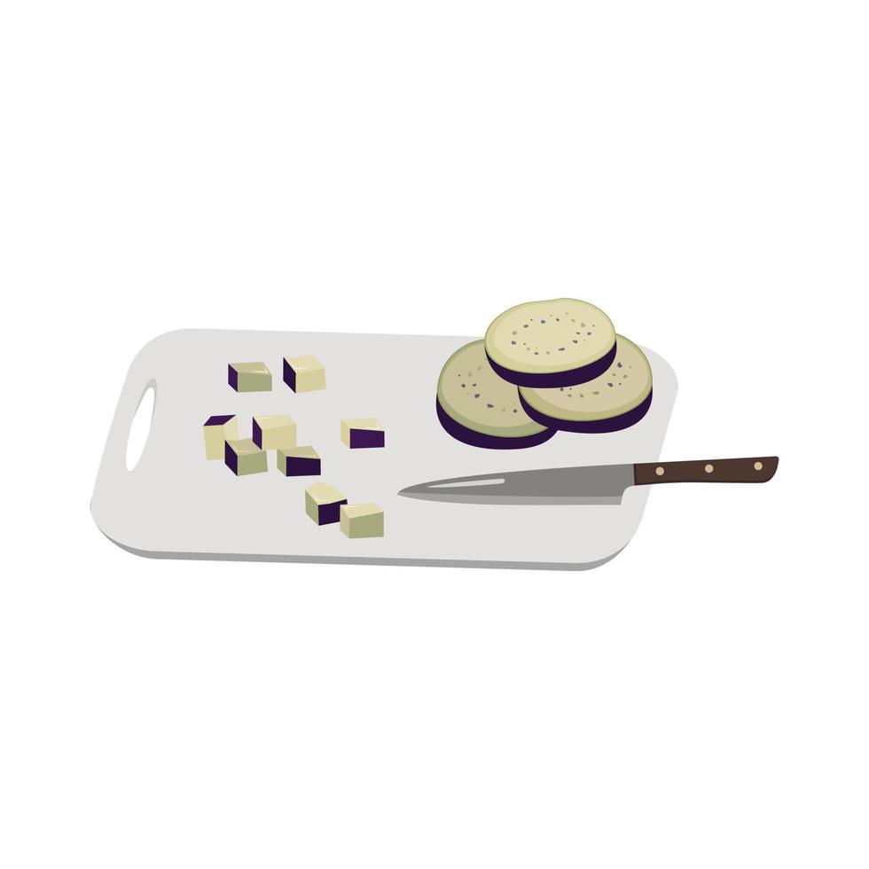 Purple eggplant slices and cubes cut with knife on board. Healthy vegetables and delicious food for salad, cooking. Vector flat illustration