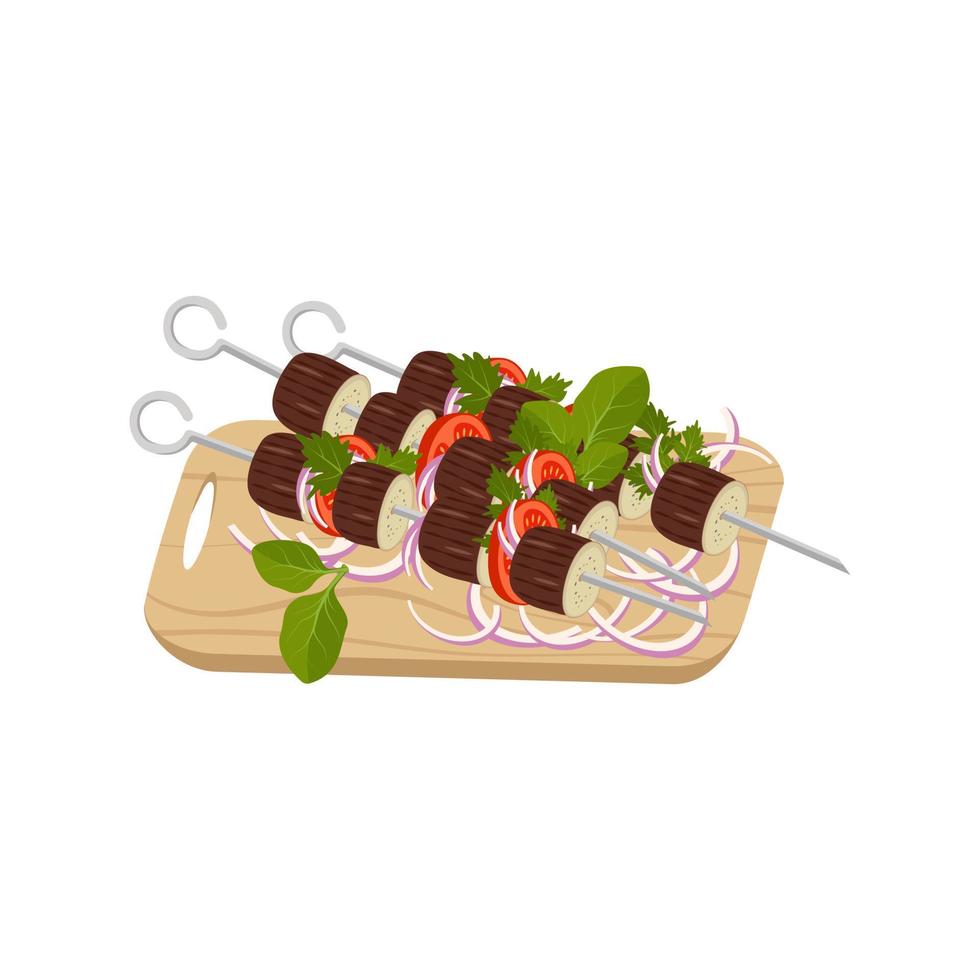 Skewers of eggplant, tomatoes and onions with herbs on wooden board. Delicious grilled food, healthy vegetables for picnic or dinner. Vector flat illustration