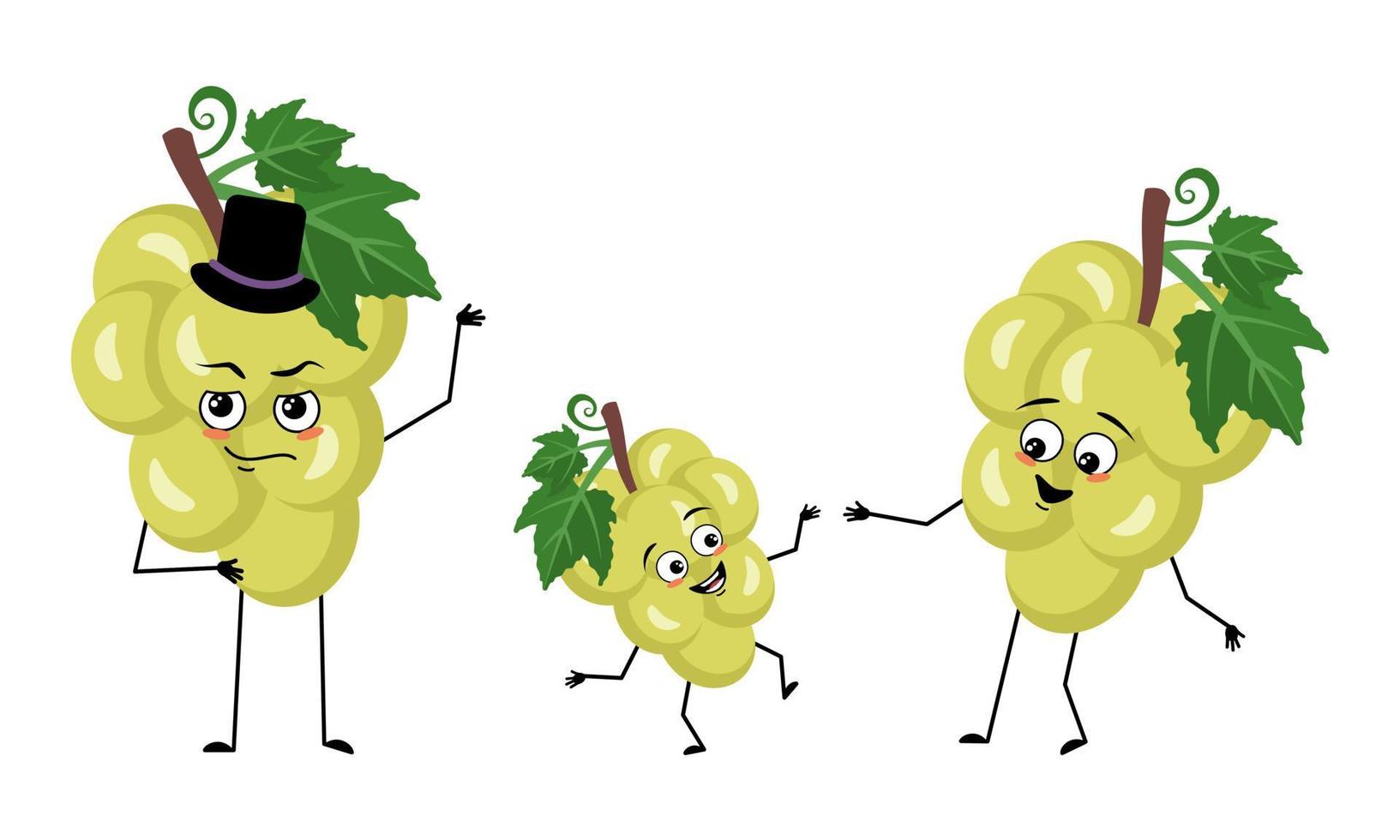 Family of grape berry characters with happy emotions, smile face, happy eyes, arms and legs. Mom is happy, dad is wearing hat and child is dancing. Vector flat illustration